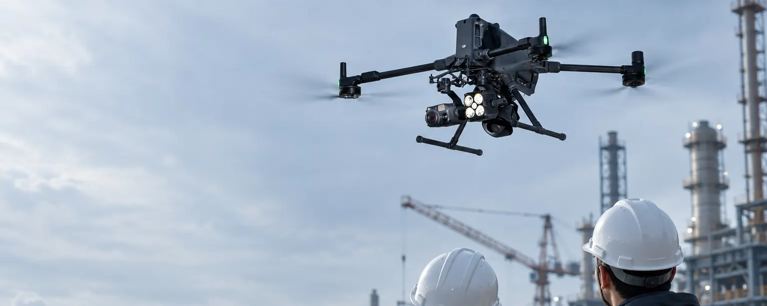 Инженеры на объекте с дроном DJI