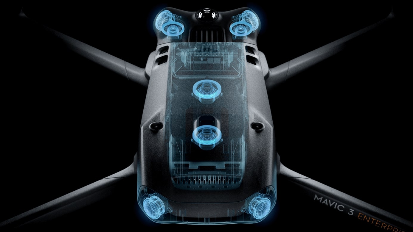 Внутреннее расположение сенсоров и вентиляторов квадрокоптера DJI Mavic 3 Enterprise с визуализацией на чёрном фоне